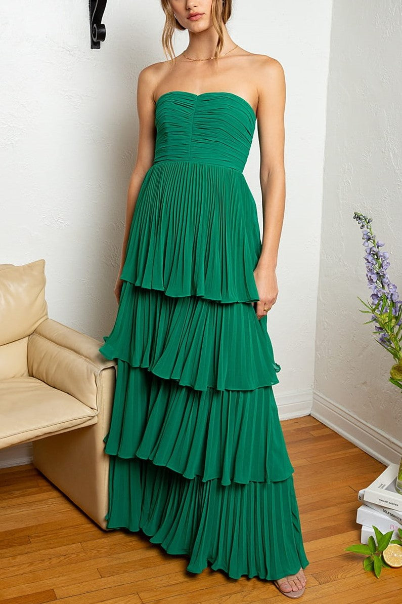 Strapless Pleated Tiered Formal Gown With Lace-Up Back