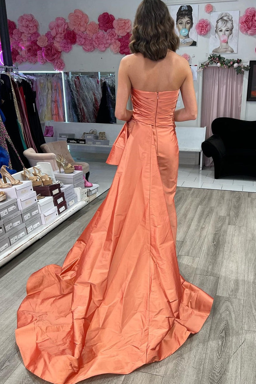 Strapless Ruched Slit Prom Dress with Attached Train