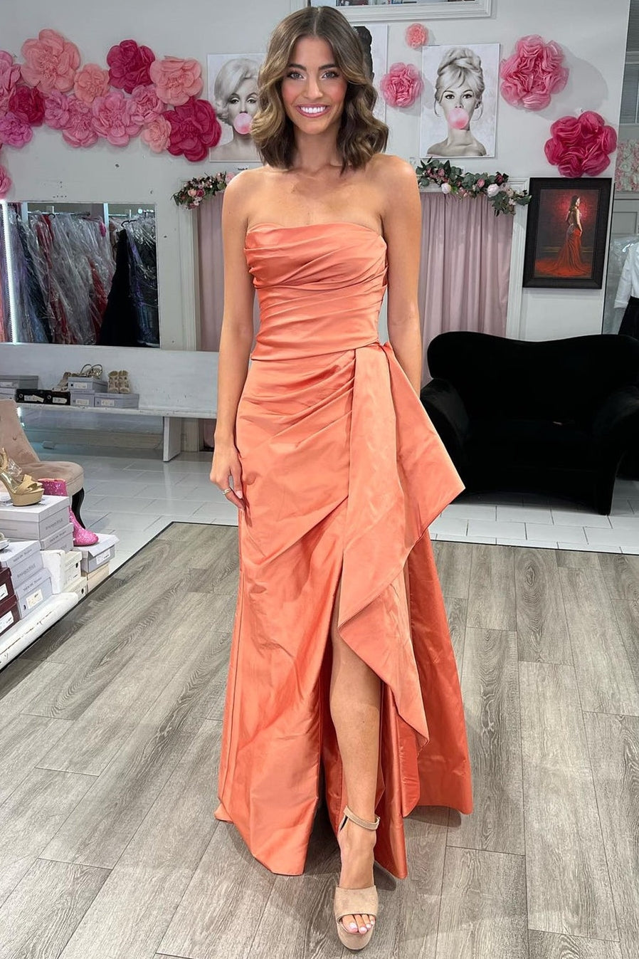 Strapless Ruched Slit Prom Dress with Attached Train