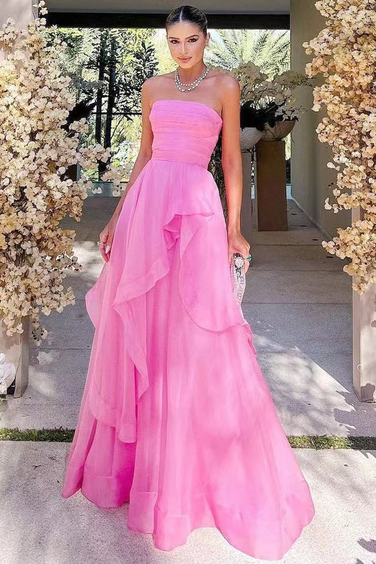 Strapless Ruffles Organza Prom Dress With Ruched Top And Lace-Up Back