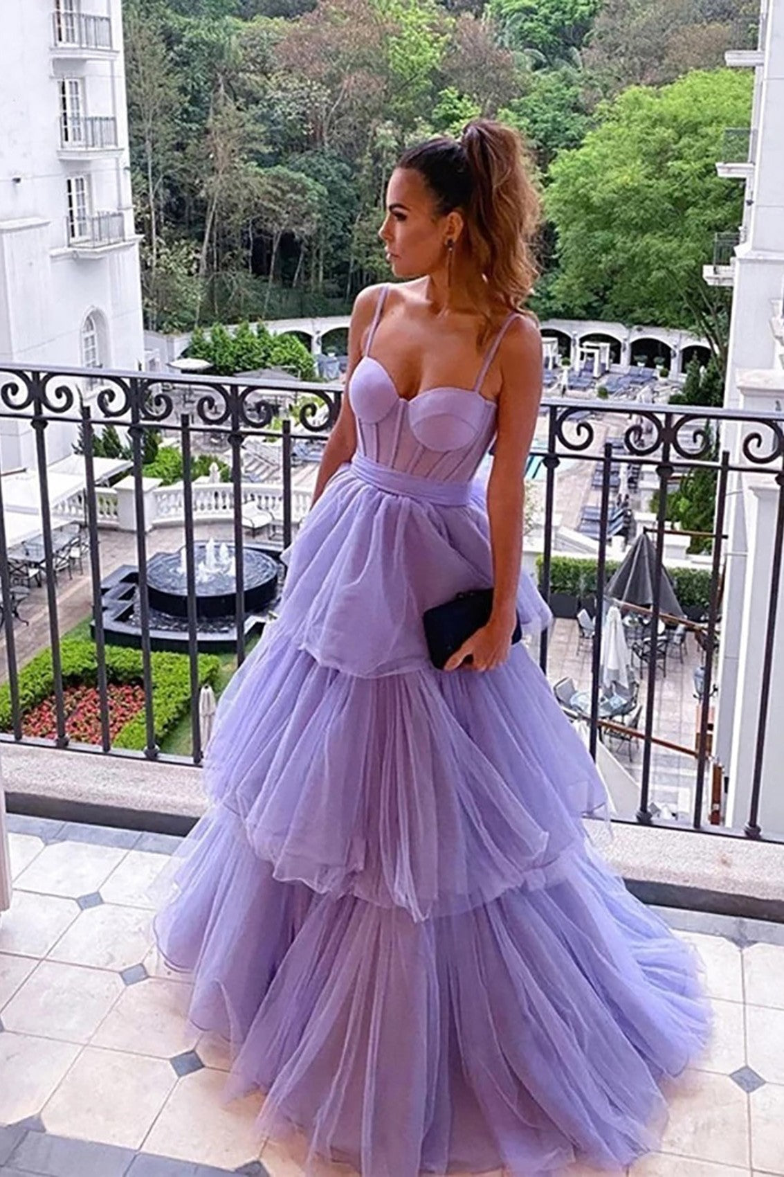 Sweetheart Corset A-Line Prom Dress Tiered Tulle Evening Gown