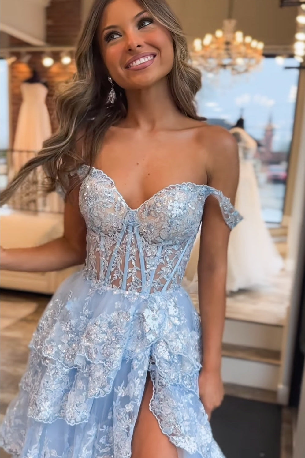 Tiered Ruffled A-Line Prom Dress with Illusion Corset And High Slit