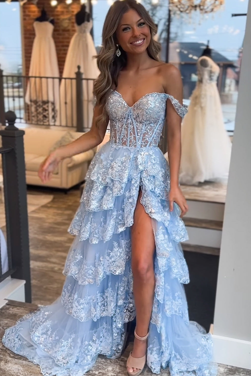 Tiered Ruffled A-Line Prom Dress with Illusion Corset And High Slit
