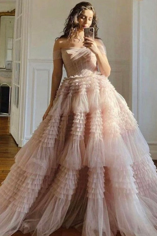 Tiered Ruffled Tulle Prom Dress With Off The Shoulder Design