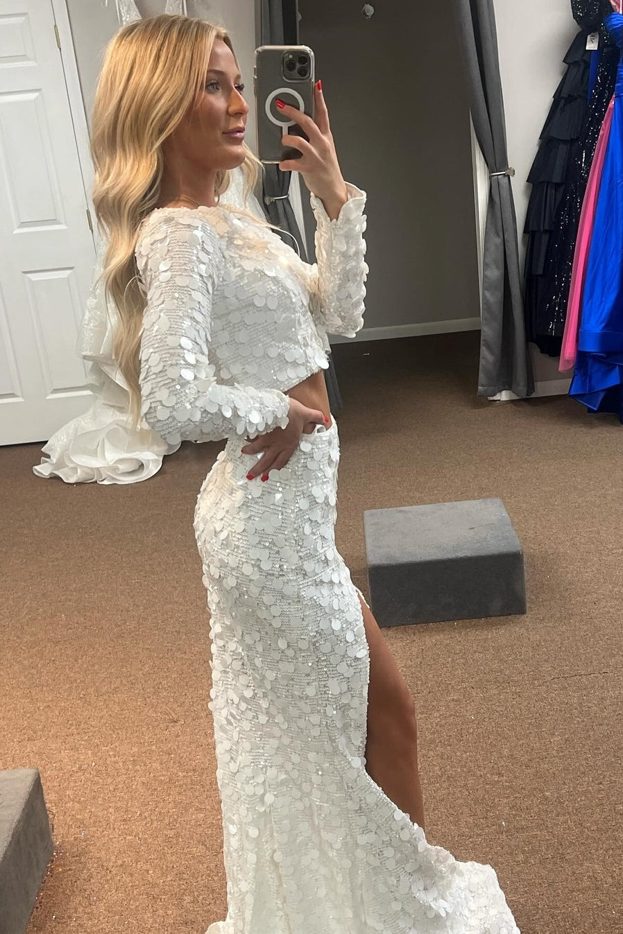 Two Piece Sequin Prom Dress White Long Sleeves Slit Evening Gown