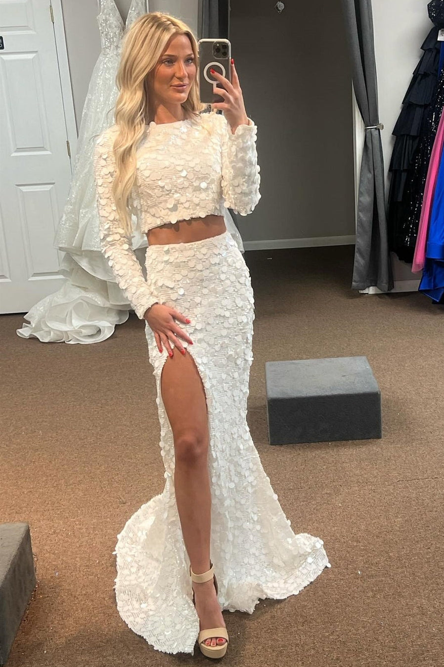 Two Piece Sequin Prom Dress White Long Sleeves Slit Evening Gown