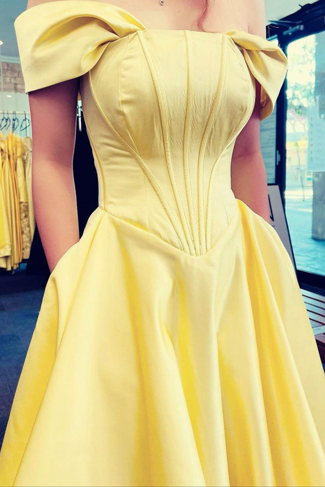Yellow Corset Princess Prom Dress Off-the-Shoulder Evening Gown With Pockets