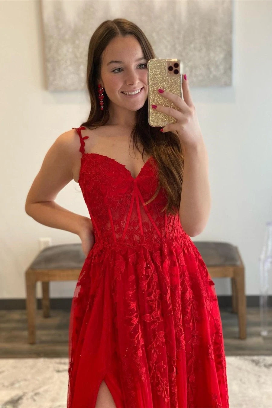 Elegant Slit A-Line Prom Dress With Spaghetti Straps And Corset Top