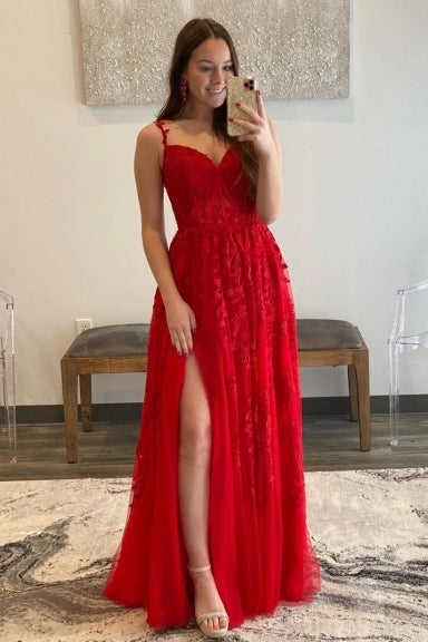 Elegant Slit A-Line Prom Dress With Spaghetti Straps And Corset Top